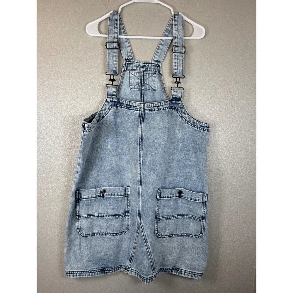 Free People Overall Smock Mini Dress XL Acid Wash Light Blue Cotton Pinafore